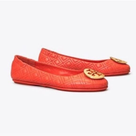 Tory Burch Size 6.5 Minnie Quilted Leather Ballet Flats Orange Gold Logo Travel - Picture 5 of 11